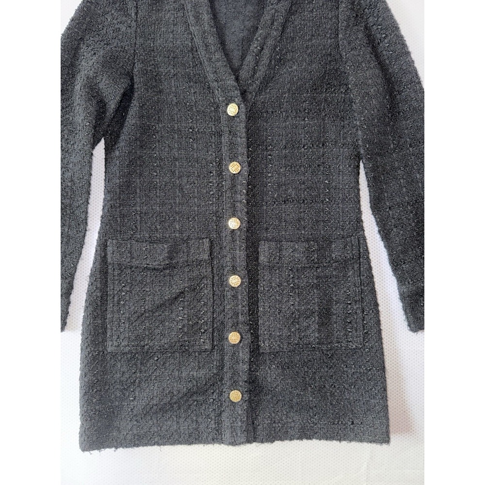 Zara Black Gold Button Front Mini Jacket‎ Dress Size XS Textured Tweed Cardigan - Picture 6 of 10